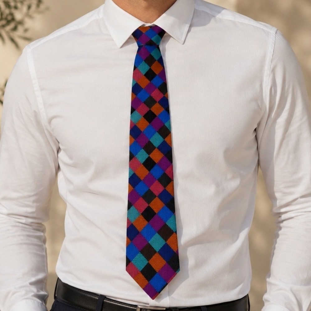 John Lewis Mens Silk Tie Geometric Harlequin Pattern Purple Orange Blue Ribbed